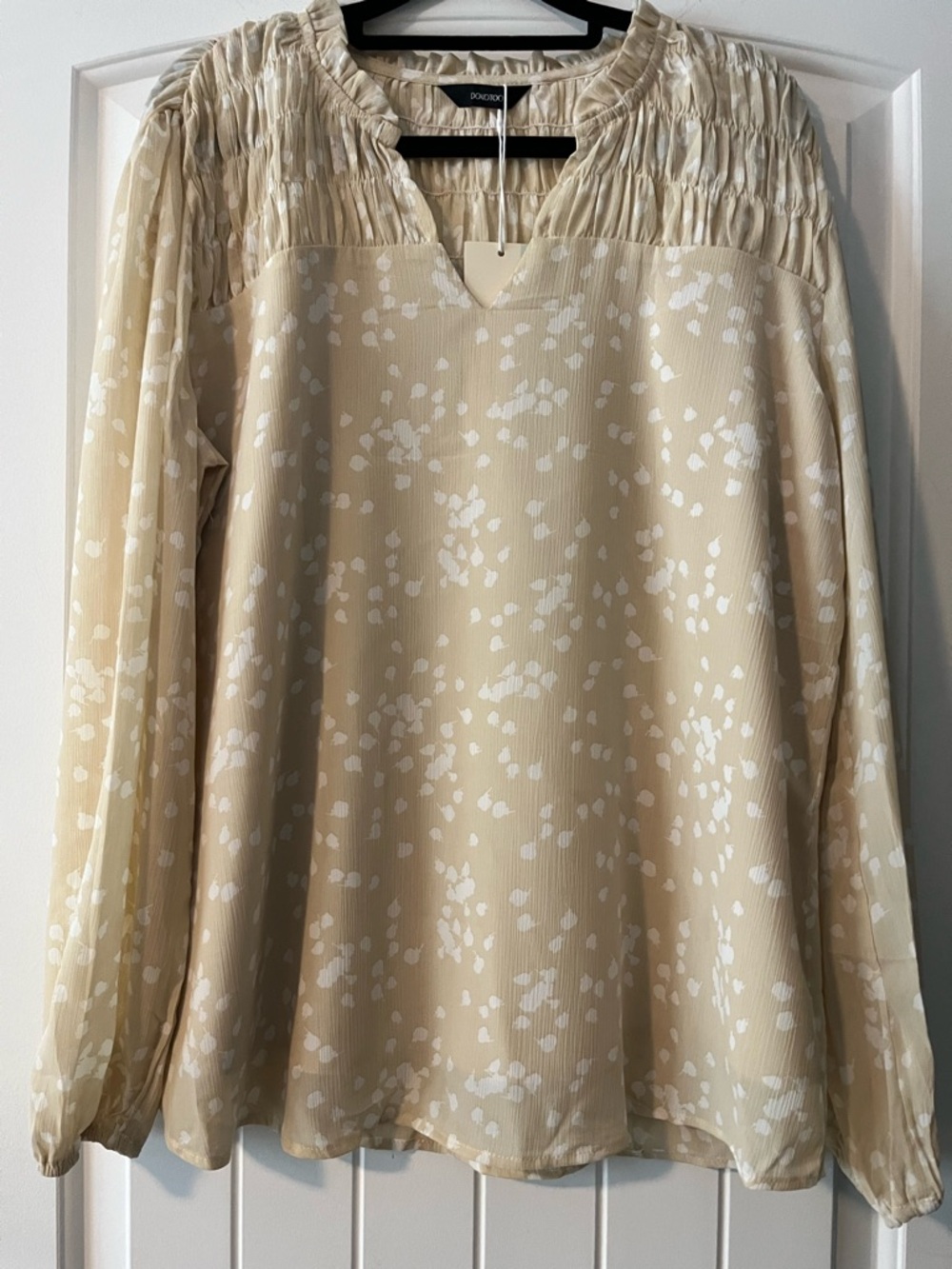 Dokotoo  Cream Printed Long-Sleeve Smocked Yoke Blouse